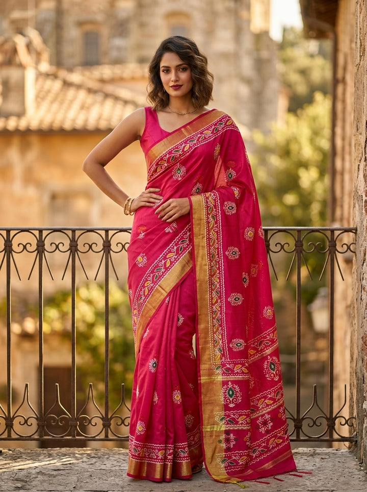 Tulir Tan Cotton Silk Saree (Pink )
