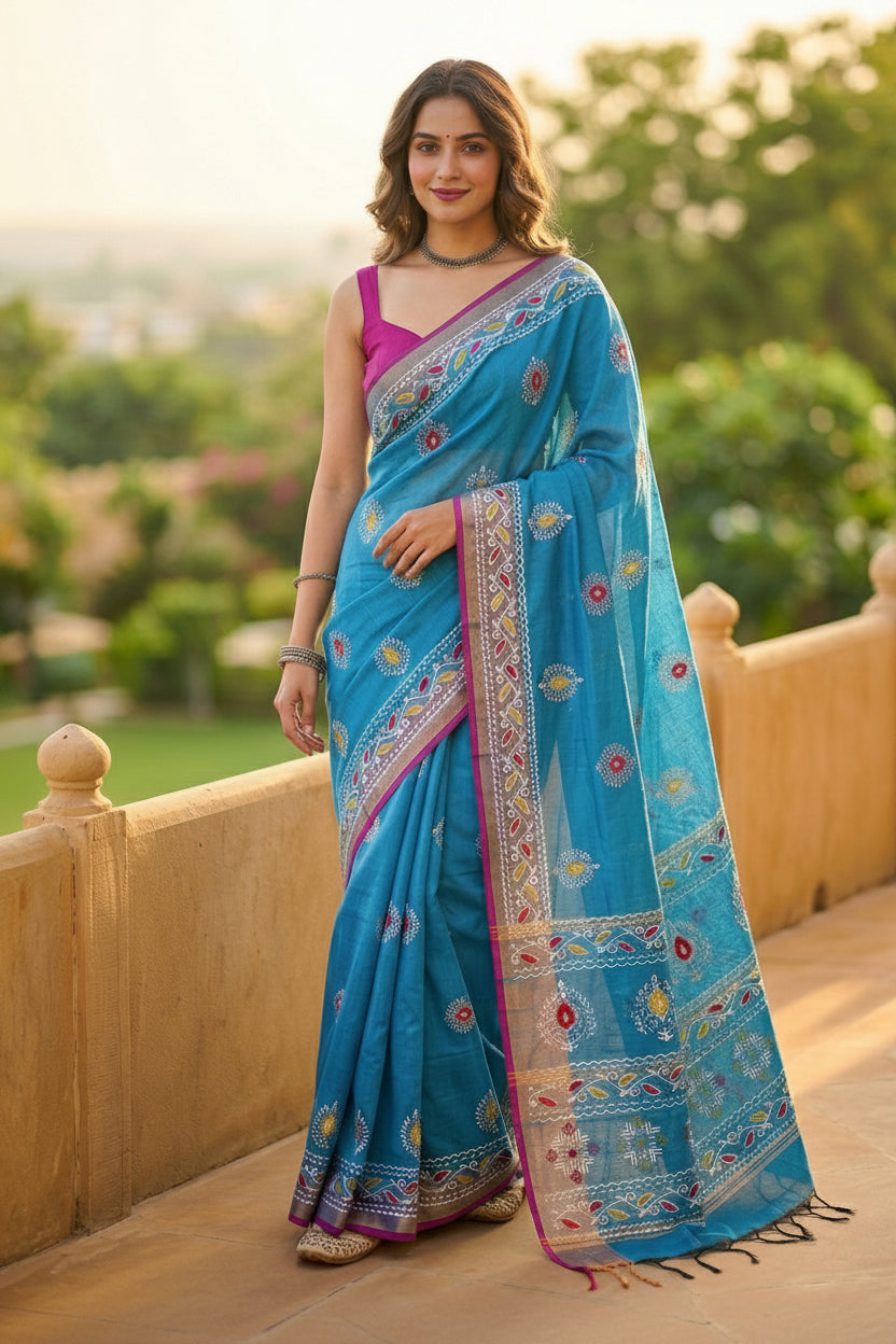 Tulir Tan Cotton Silk Saree (Blue)