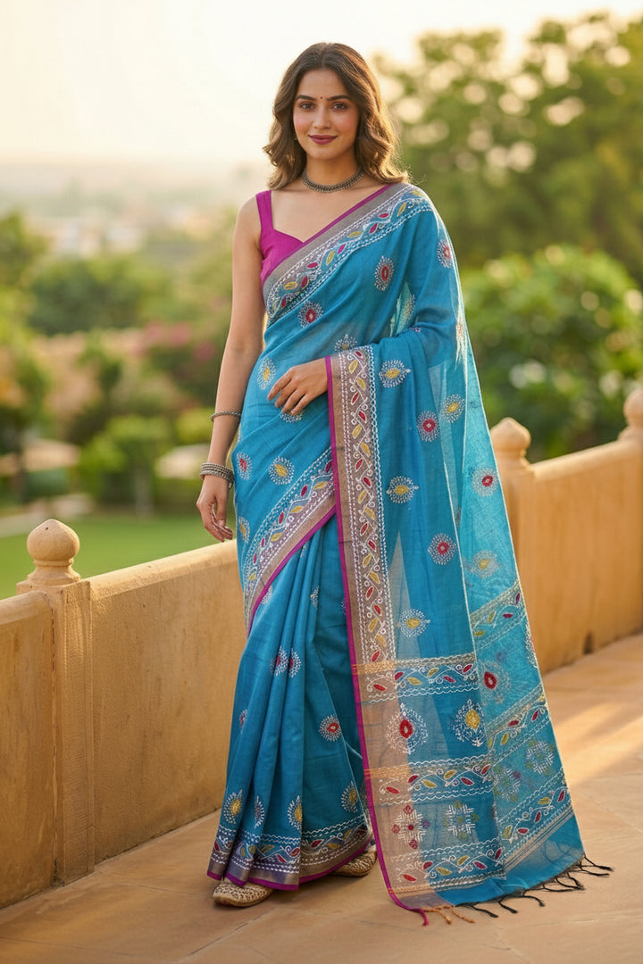 Tulir Tan Cotton Silk Saree (Blue)