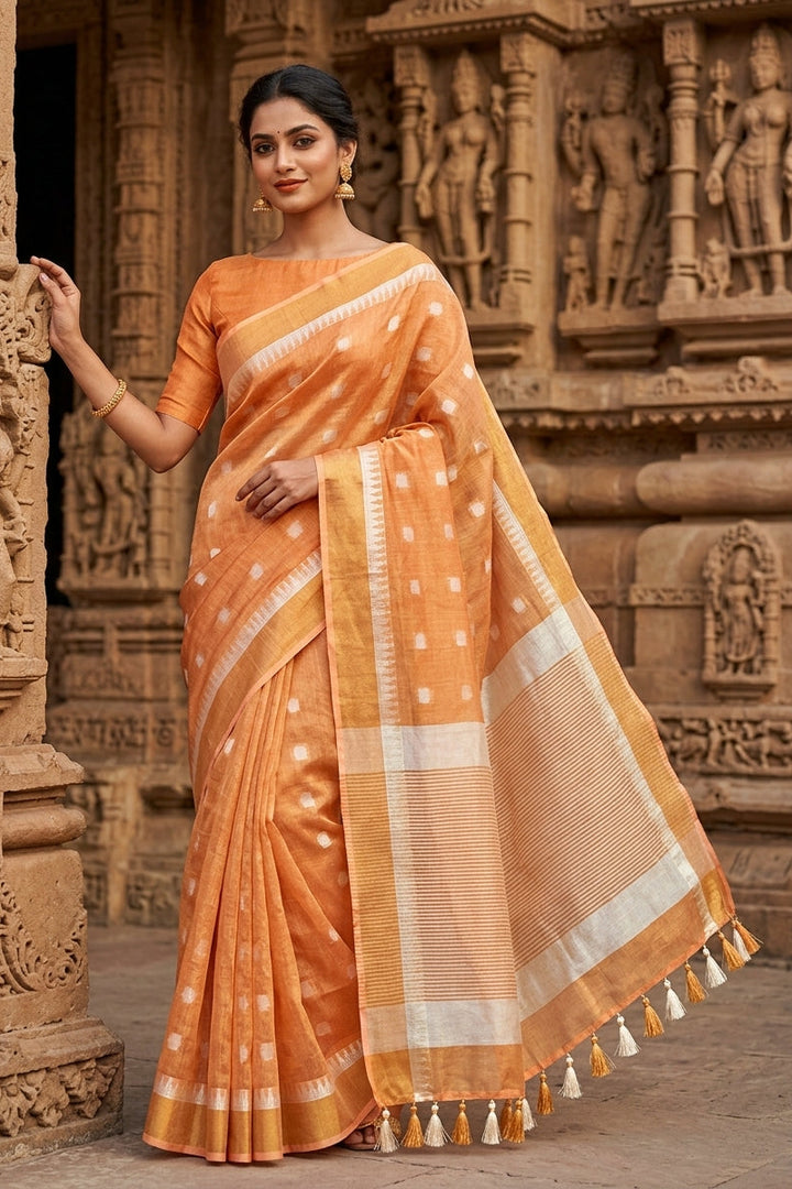 Pearl Weave Tissue Linen Saree (Orange)
