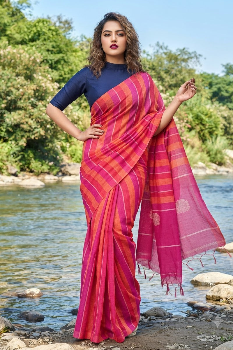 Linen Stripe (Pink) Pallu