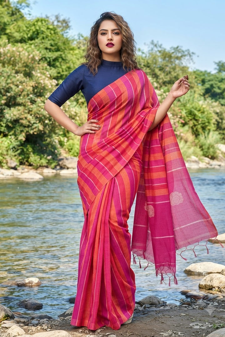 Linen Stripe (Pink) Pallu