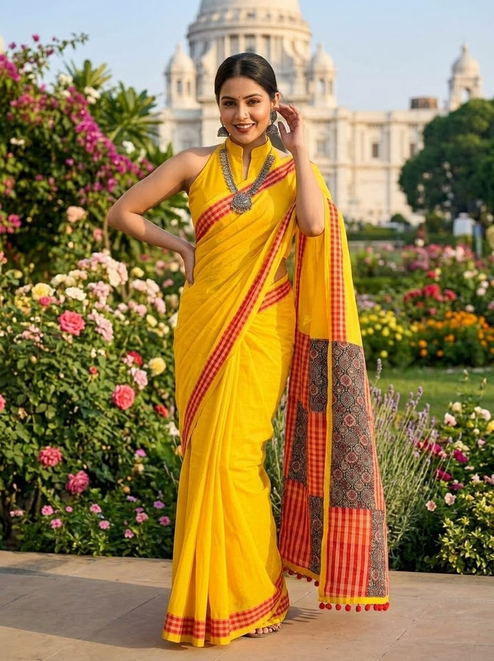 Aruneshi - Cotton Saree With  Gamcha Mismatched pallu
