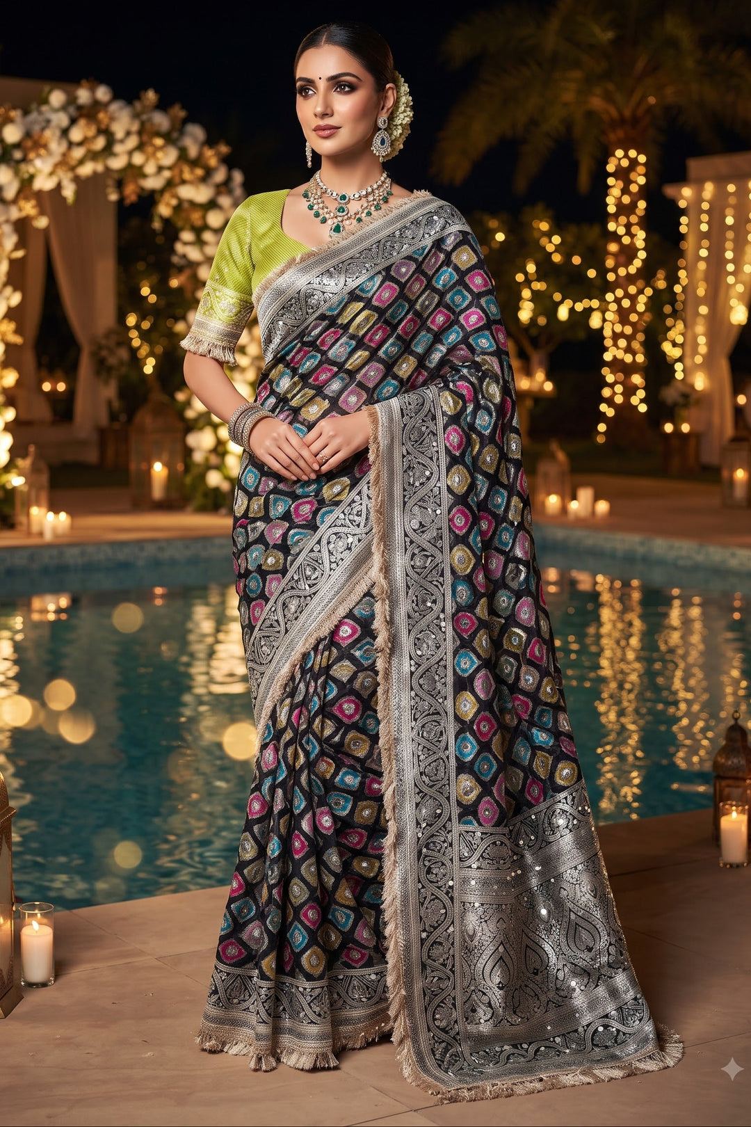 Celestial Splendour Satin Silk Mirrorwork Saree