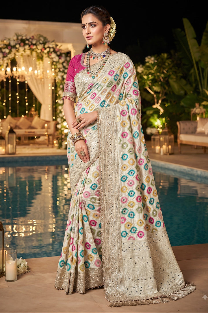 Celestial Splendour Satin Silk Mirrorwork Saree