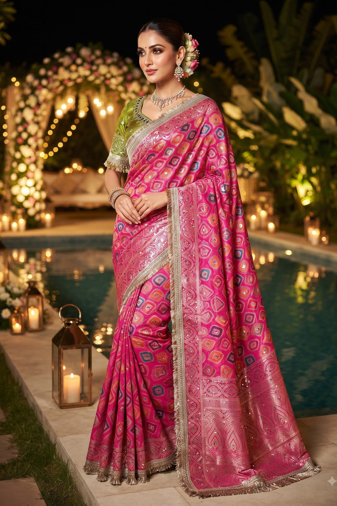 Celestial Splendour Satin Silk Mirrorwork Saree