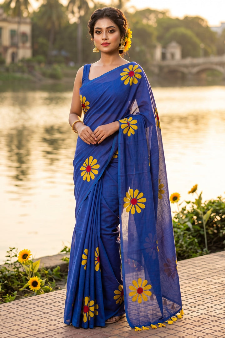 Cheerful Sunflower - Pure Khadi Cotton Saree