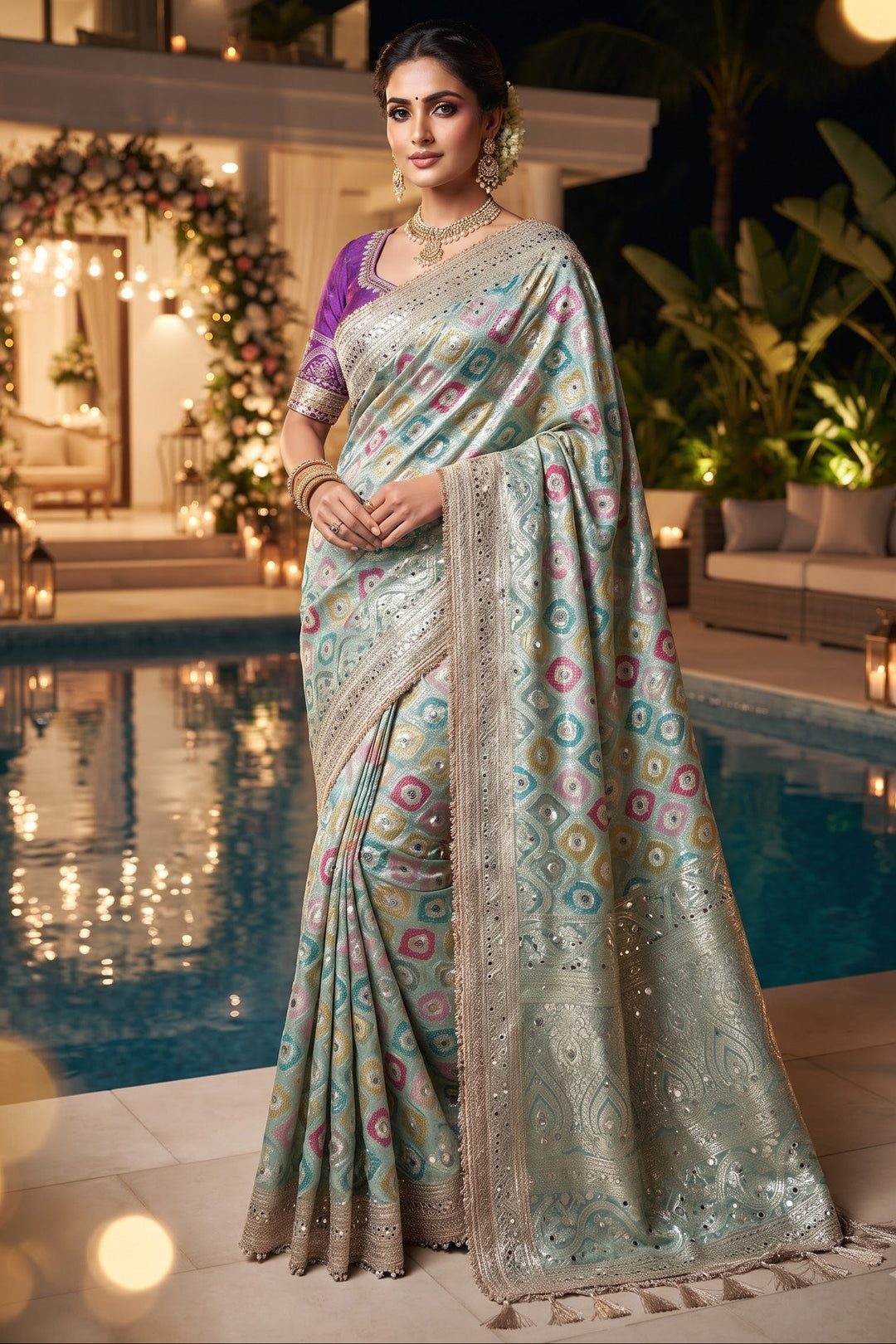 Celestial Splendour Satin Silk Mirrorwork Saree