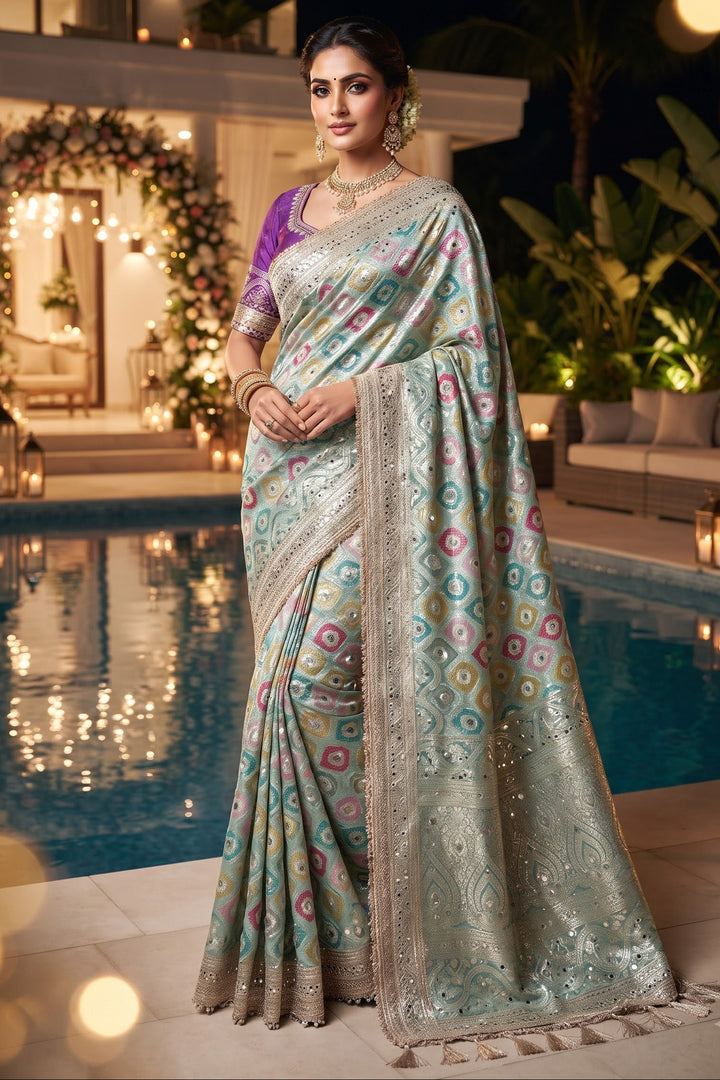 Celestial Splendour Satin Silk Mirrorwork Saree