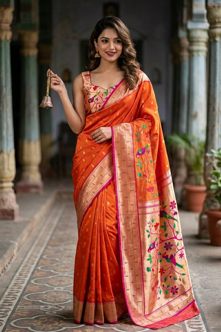 Yogini Kanjivarum Paithani Orange Silk Saree