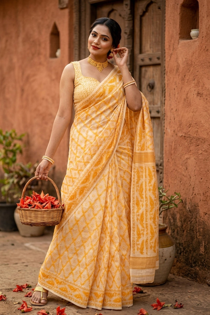Neel Komol ( নীল কমল )Bengal Jamdani Saree (Yellow)