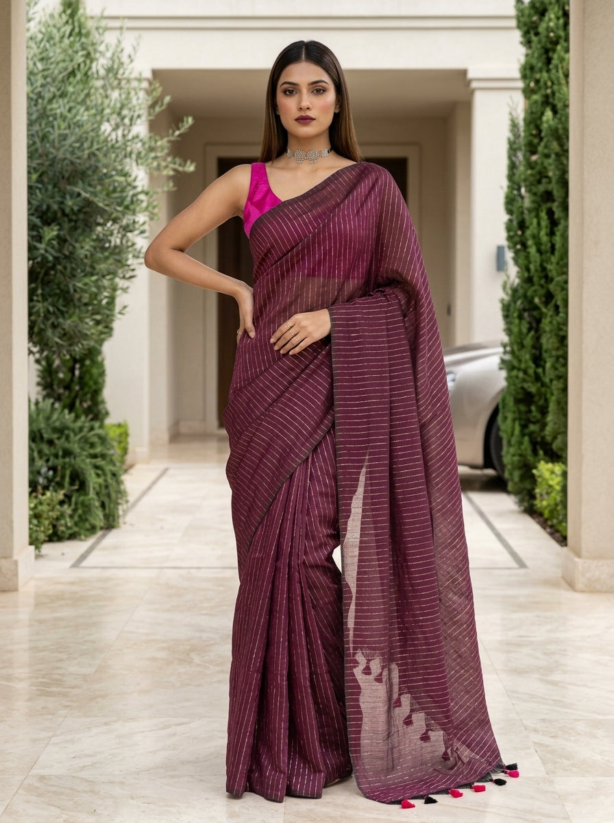 Bengal Khadi Saree Dark Purple