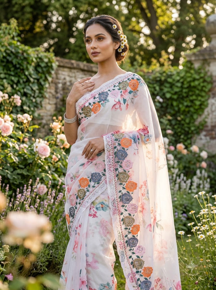 Designer White Rose Georgette silk saree