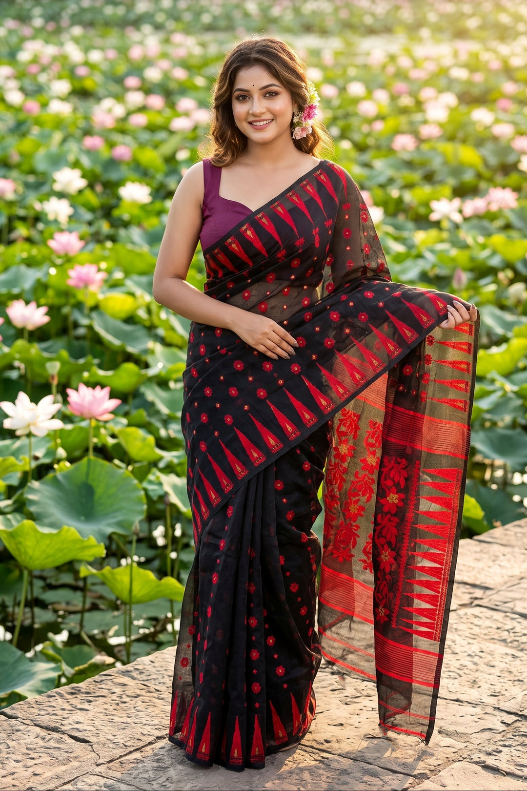 Suranjali Bengal Jamdani Saree (Black)