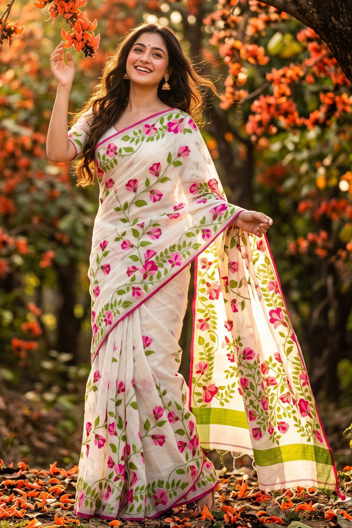 Rongmala – Multicolor Floral Woven Cotton Silk Saree 🌸✨