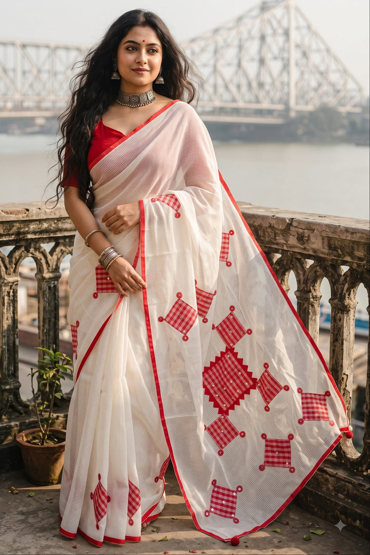 Kolkata Katha Kota Applique Saree with Mirror Work