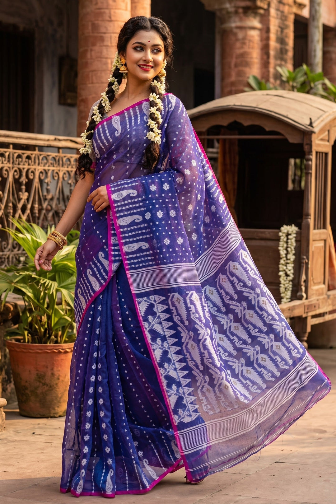 Moner Alo-Bengal Jamdani Saree (Purple, Pink Border)