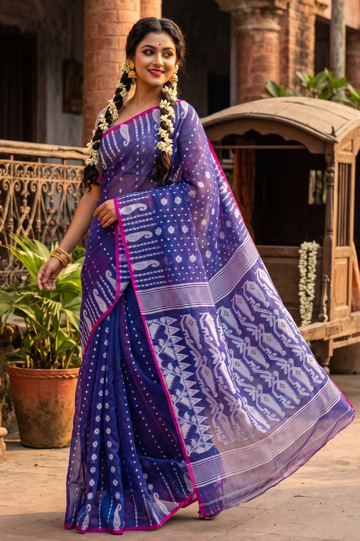 Moner Alo-Bengal Jamdani Saree (Purple, Pink Border)