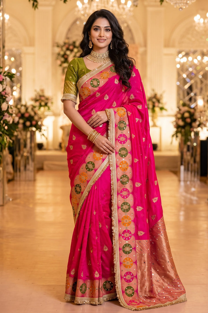 Willow Charm Silk Saree With Mirror Work
