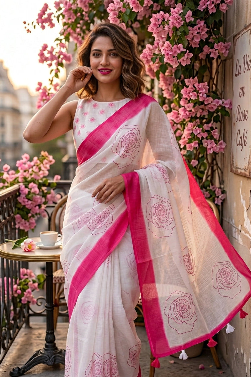 Rosy Bloom Linen Saree
