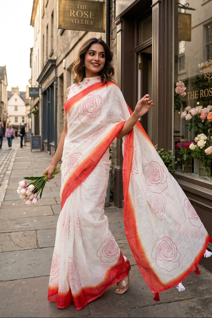 Rosy Bloom Linen Saree