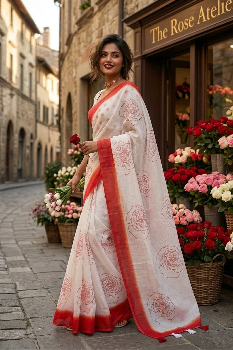 Rosy Bloom Linen Saree