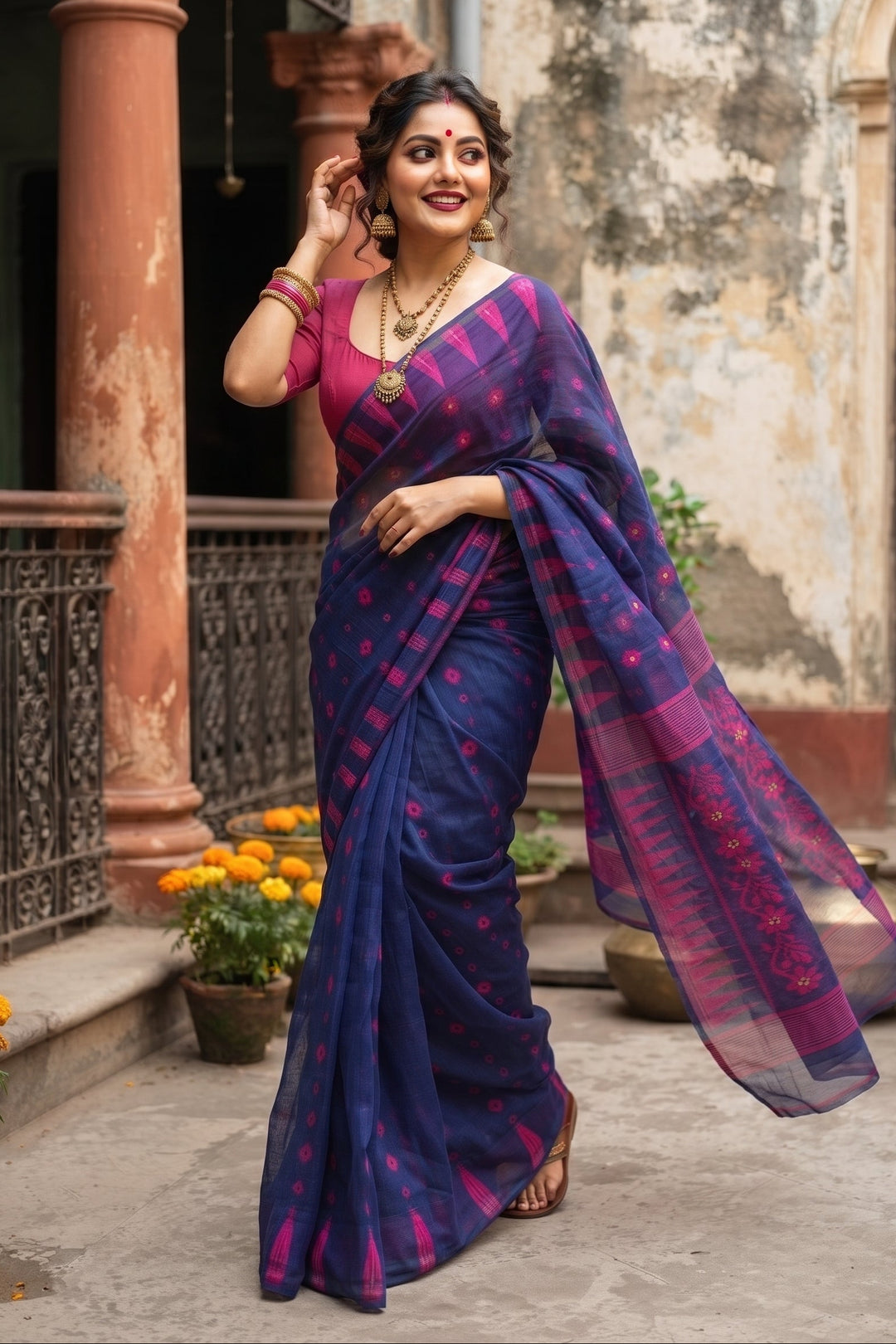 Suranjali Bengal Jamdani Saree (Blue)