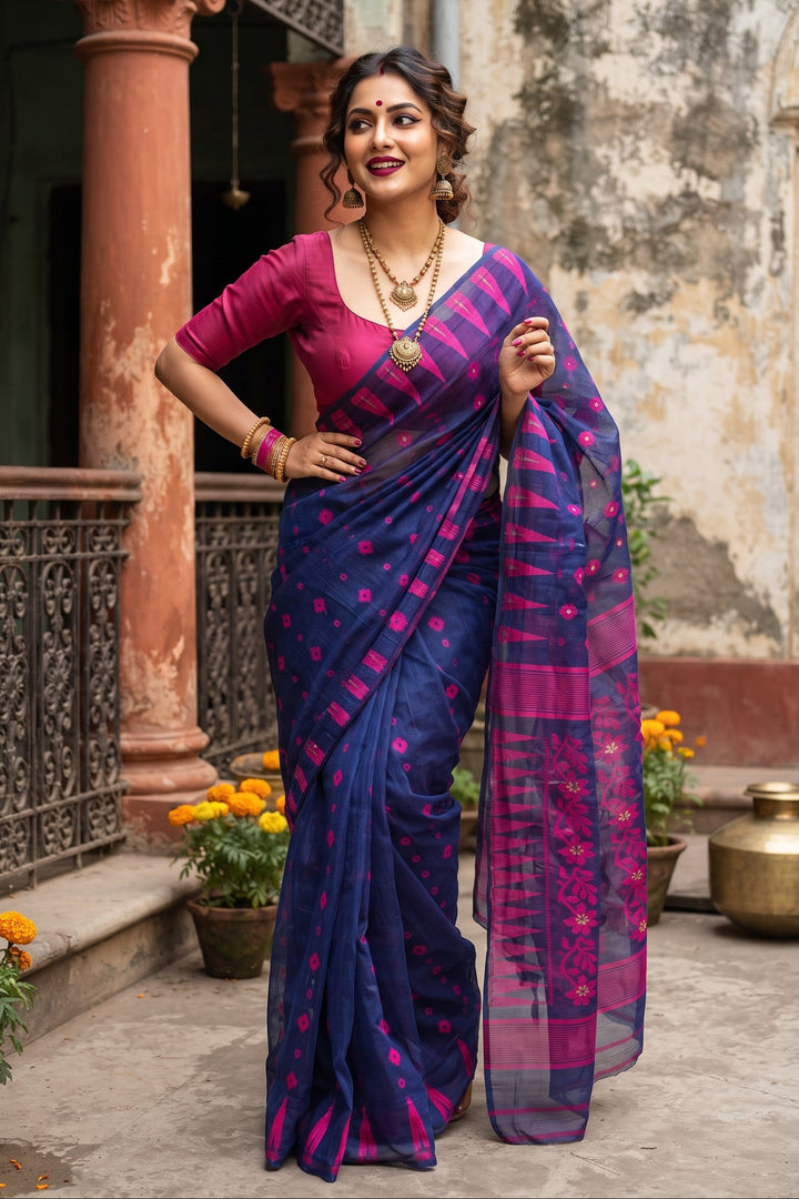 Suranjali Bengal Jamdani Saree (Blue)