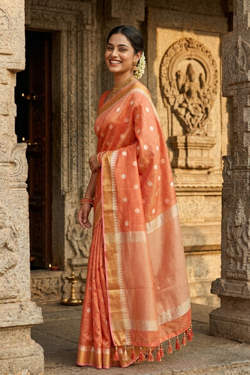 Pearl Weave Tissue Linen Saree (peach orange)