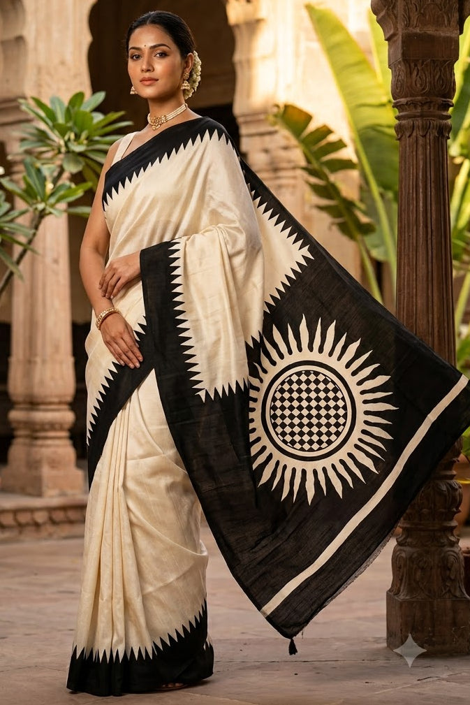 Dhaker Taale Matka Khadi Bapta Print Saree