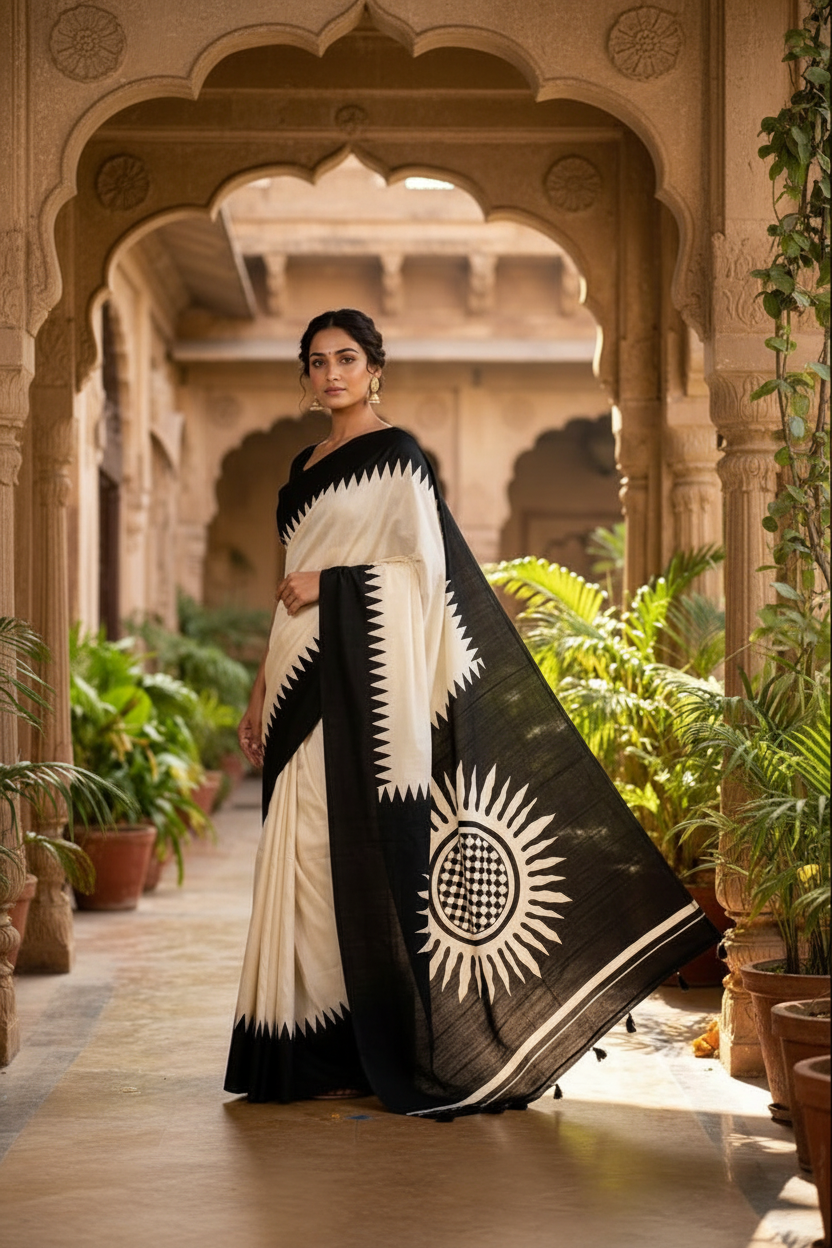Dhaker Taale Matka Khadi Bapta Print Saree