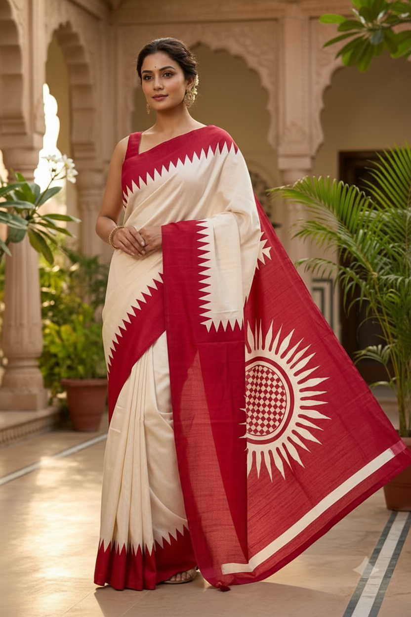 Dhaker Taale Matka Khadi Bapta Print Saree