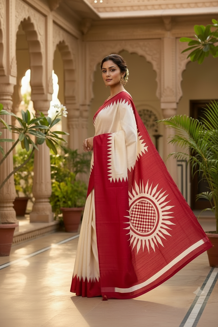 Dhaker Taale Matka Khadi Bapta Print Saree