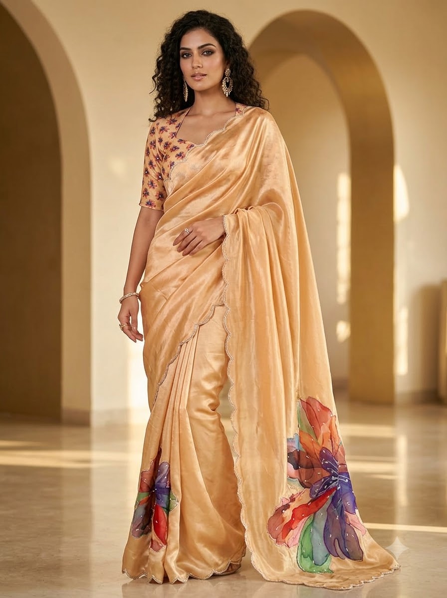 Noore Luxe – Premium Fendy Satin Digital Print Saree with Intricate Handwork