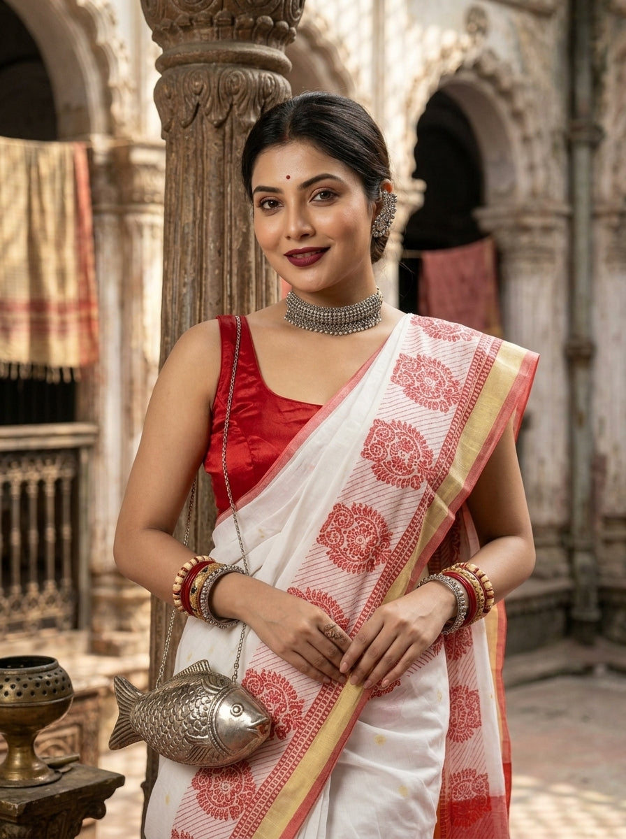 Bengal Khadi Owl Border Saree