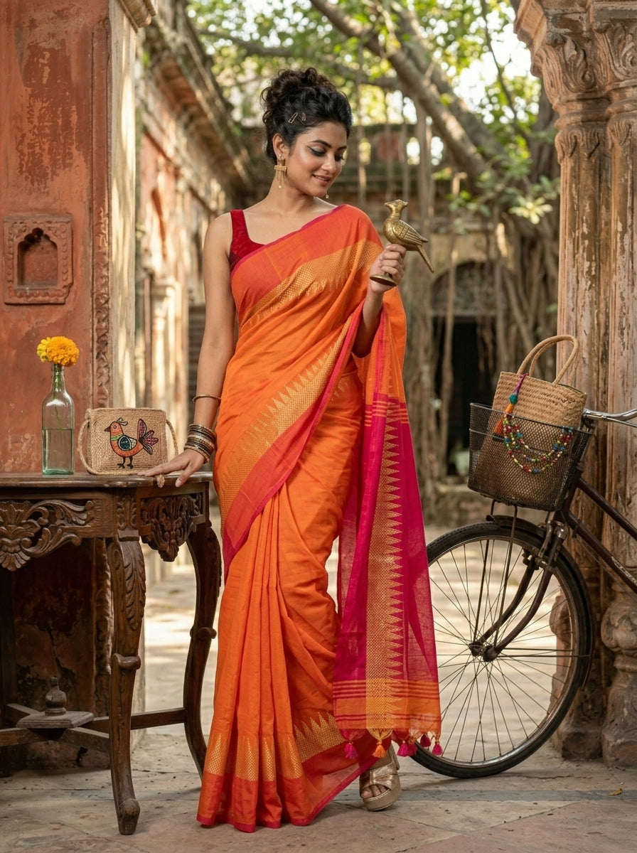 Aura Of Pure Khadi Cotton (Favourite Orange Color) Saree