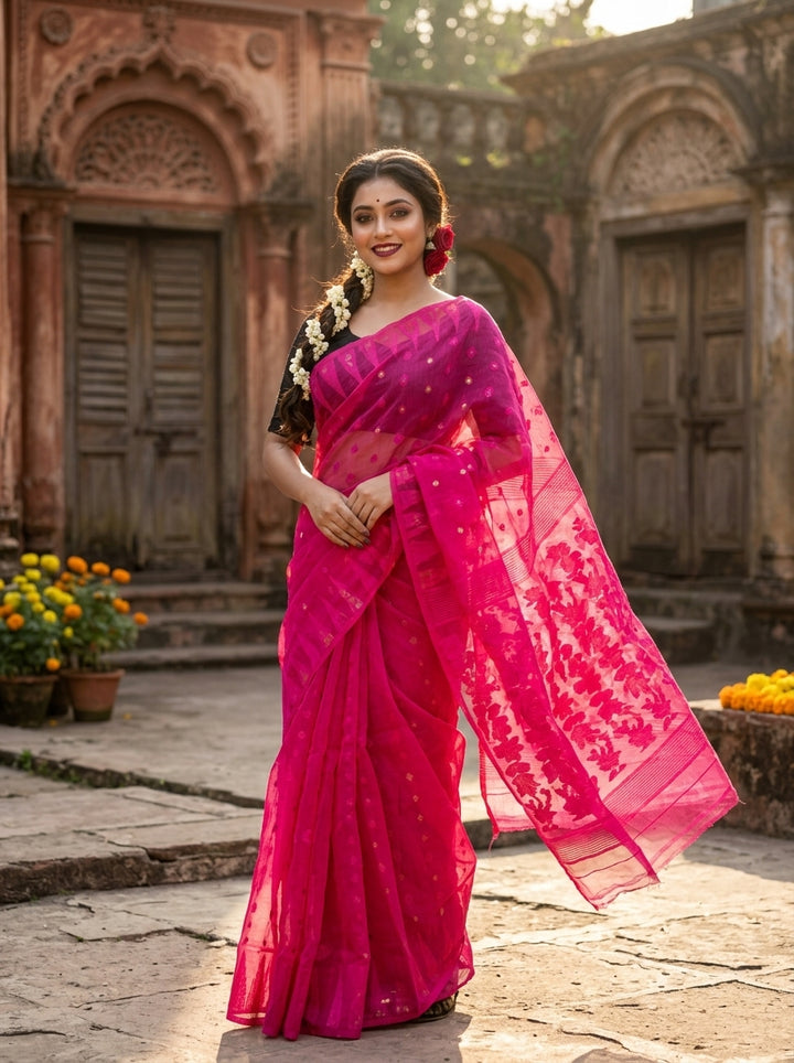 Suranjali Bengal Jamdani Saree (Pink)