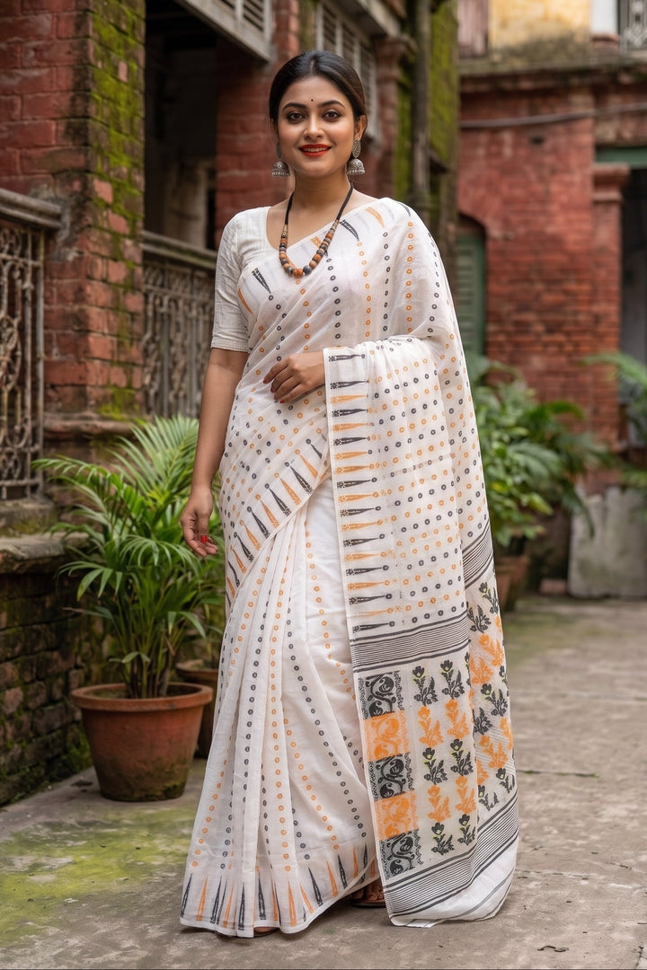 Moner Alo-Bengal Jamdani Saree ( White and Black)