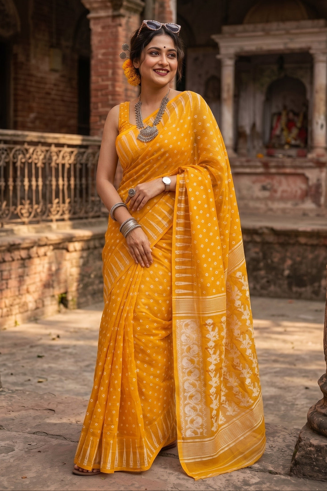Moner Alo-Bengal Jamdani Saree (Yellow Ochre)