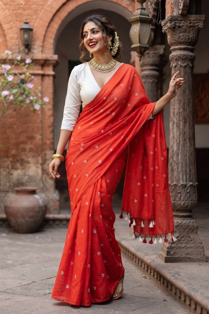 Bengal Shiuli(Jasmine) khadi Saree In Orange