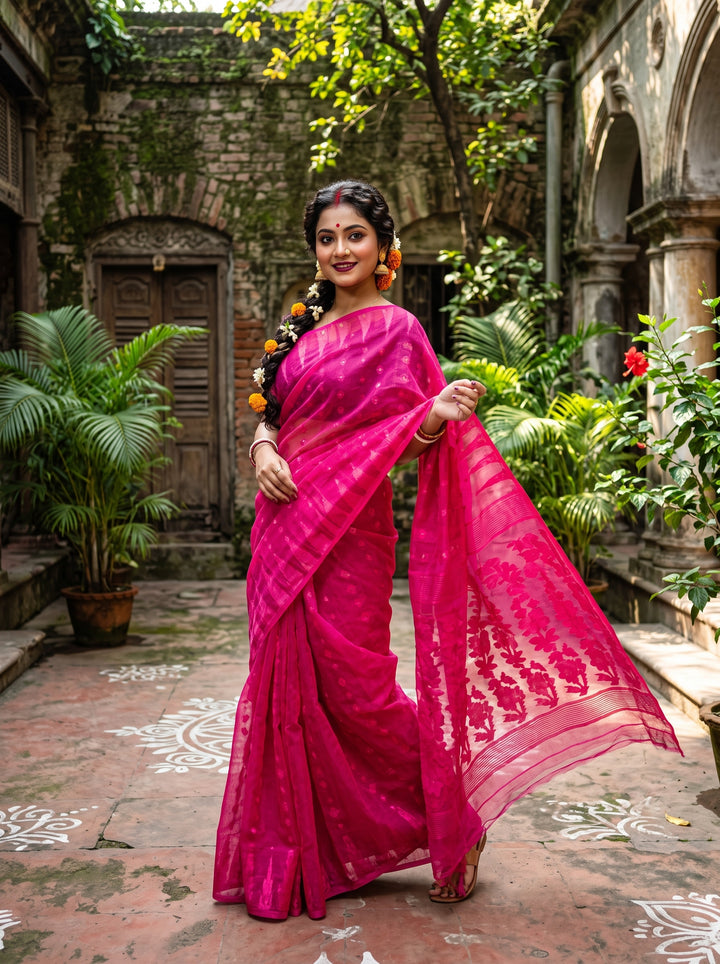 Suranjali Bengal Jamdani Saree (Pink)