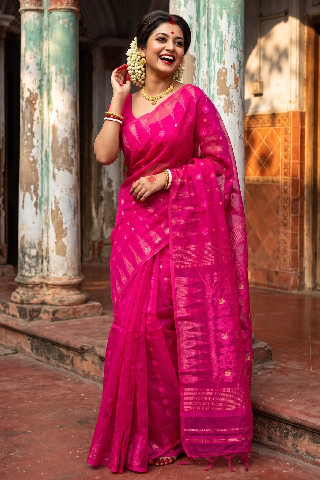 Suranjali Bengal Jamdani Saree (Pink)