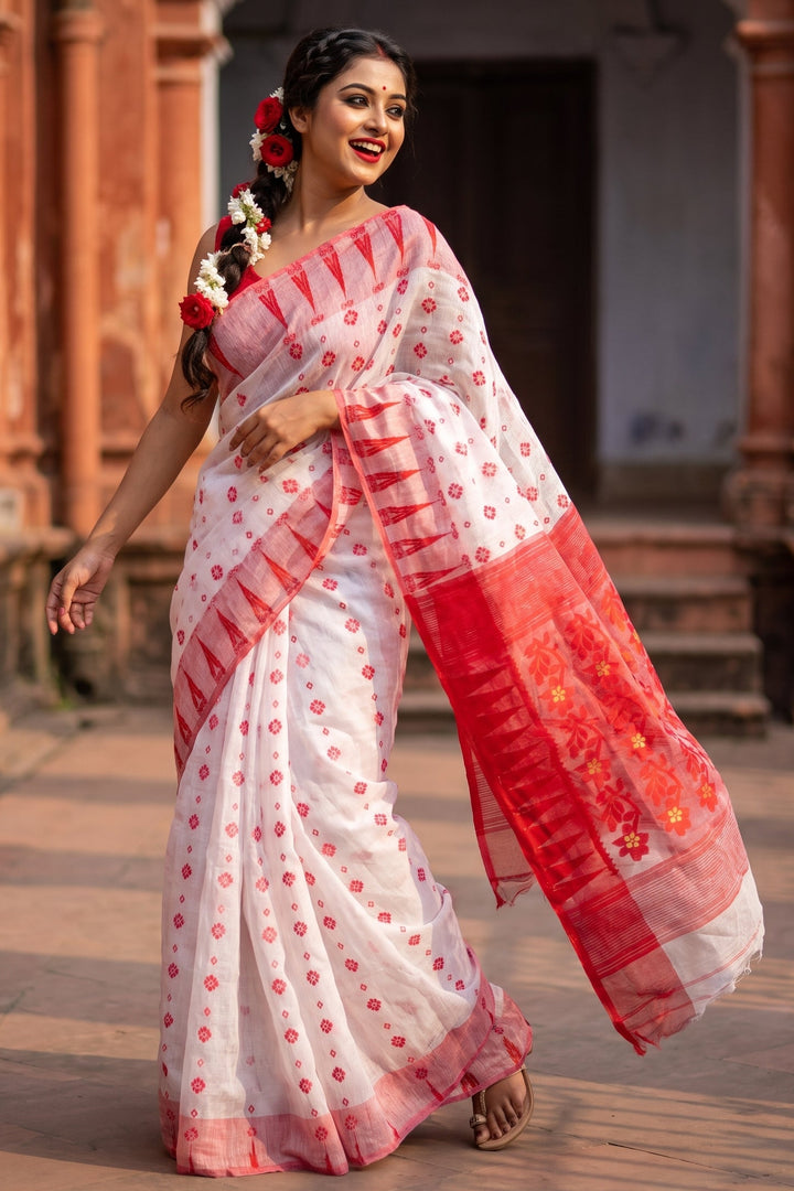 Suranjali Bengal Jamdani Saree (Red White)
