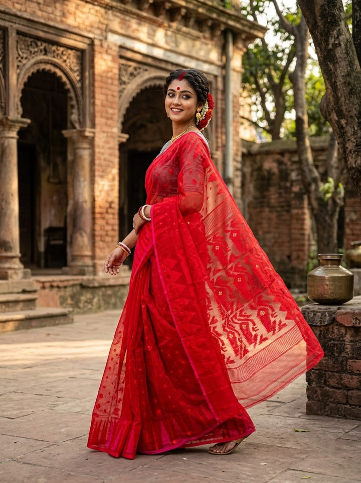 Moner Alo-Bengal Jamdani Saree (Bright Red)
