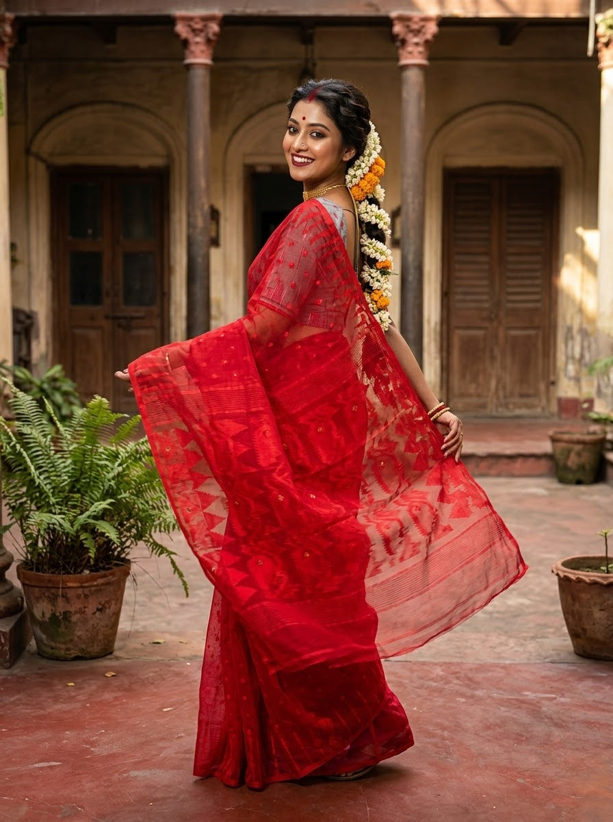 Moner Alo-Bengal Jamdani Saree (Bright Red)