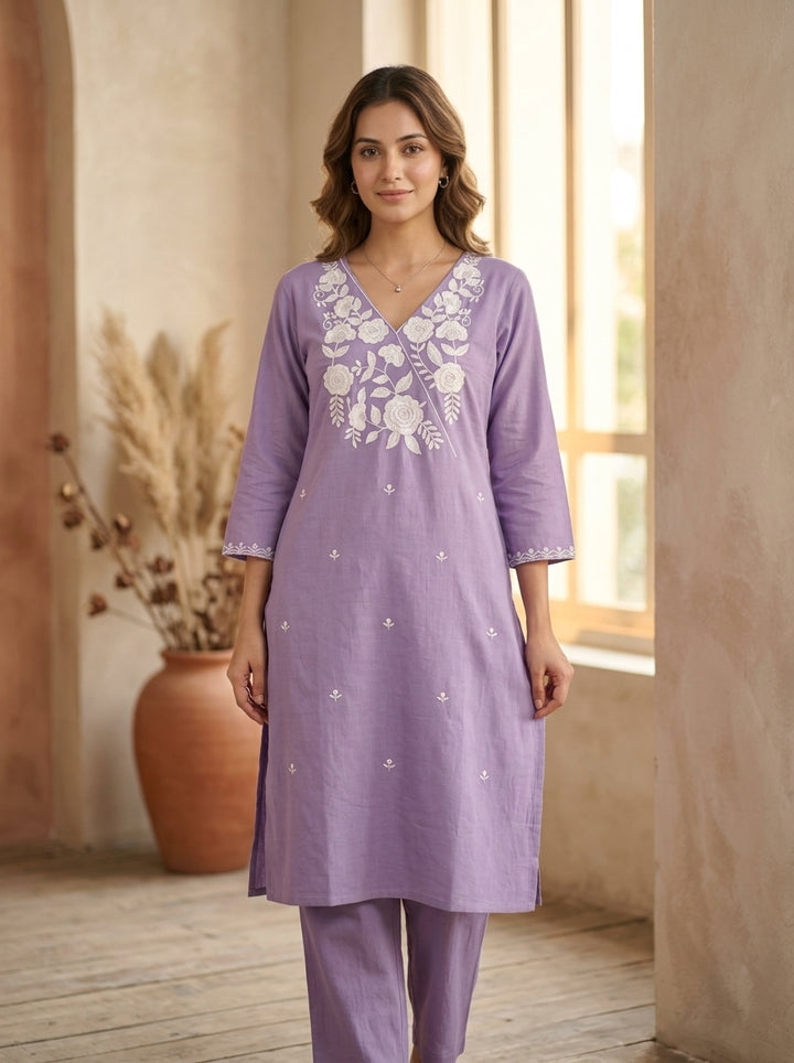 Keshariya Bloom Kurti Set (Lavender)