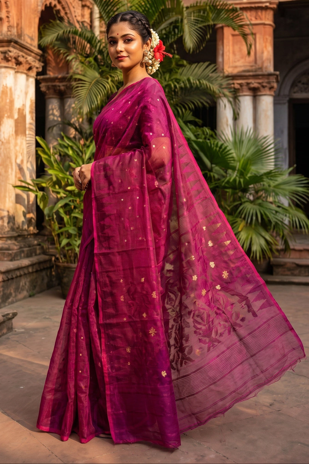 Suranjali Bengal Jamdani Saree (Wine)