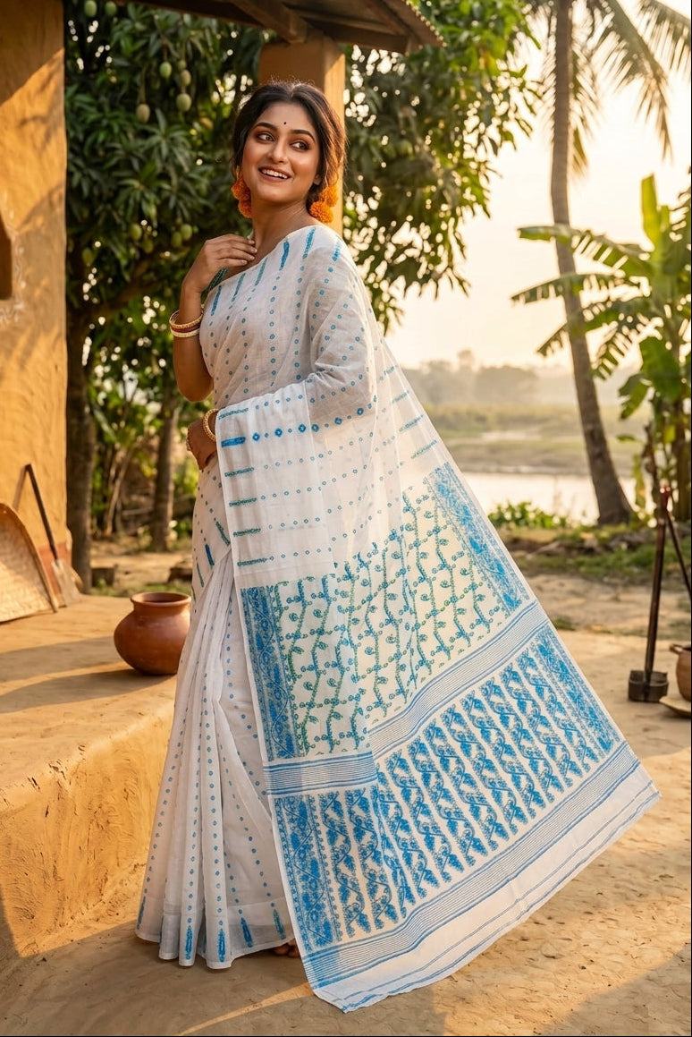 Shatarupa Bengal Jamdani Saree(White Blue)