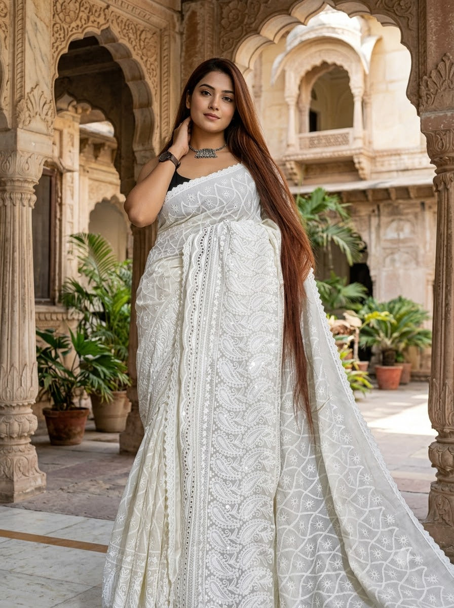 White Rose Chikankari Hakoba Saree