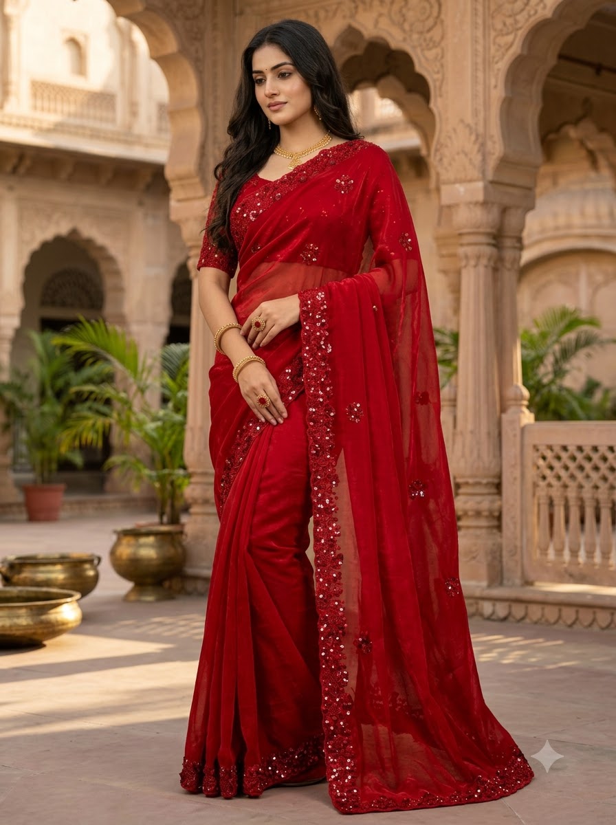 Raktima – Red Fendy Satin Silk Saree with Sequin & Beadwork